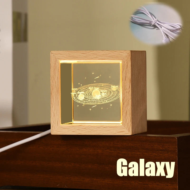 Galaxy design crystal bedside lamp for bedroom with wooden frame and USB cable by Clarify.pk