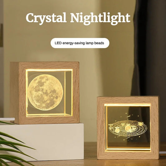 Crystal bedside lamp for bedroom with LED energy-saving lamp beads featuring moon and solar system designs