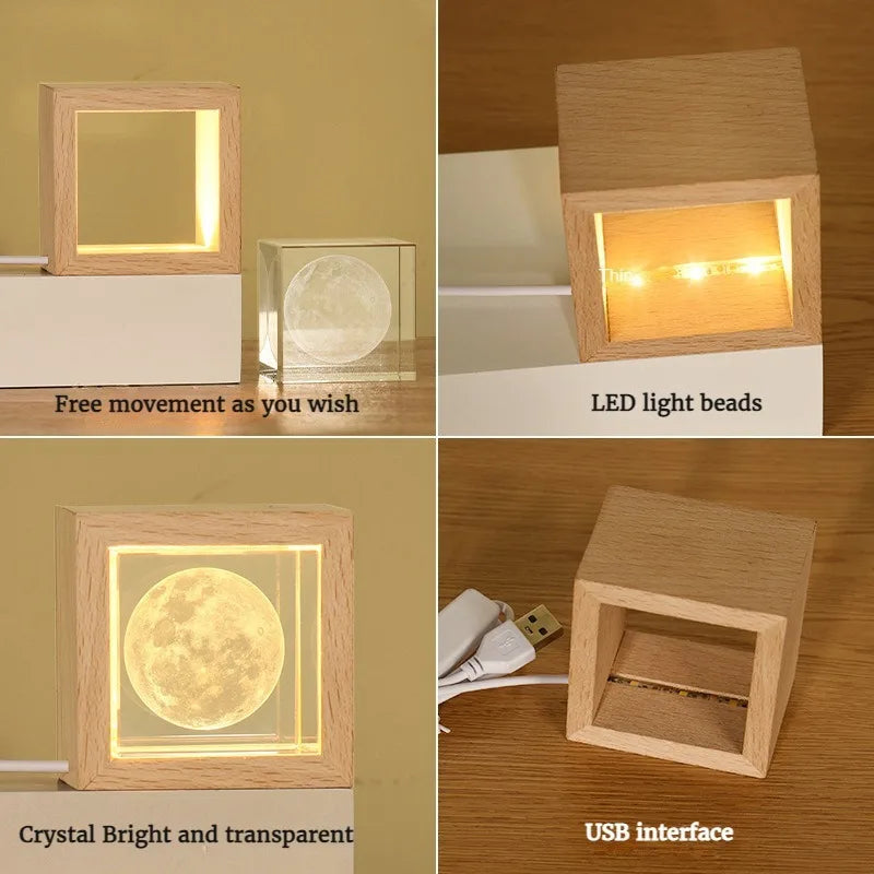 Crystal bedside lamp for bedroom with wooden frame LED light beads and USB interface