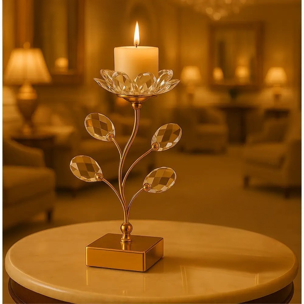 Elegant crystal flower candle stand with a lit candle on a gold base on a round table