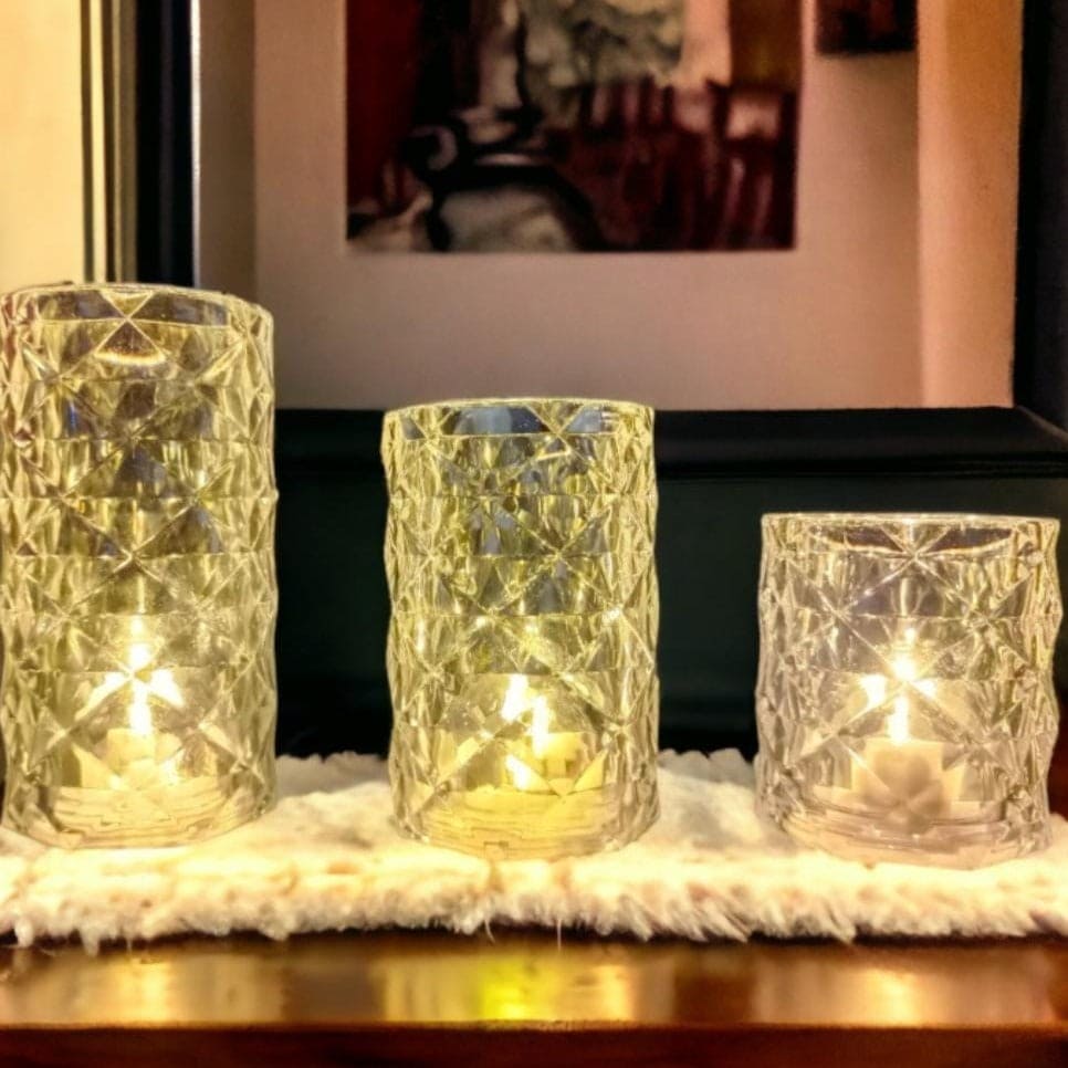 Clarify.pk crystal rose Crystal lamp set with three textured glass candle holders emitting warm light