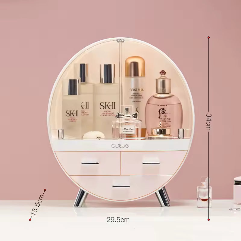 Clarify.pk makeup organizer with dust cover round design with drawers and perfume bottles inside