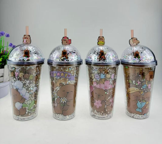Clarify.pk cute bear-themed water bottle with glittery lid and straw set of four