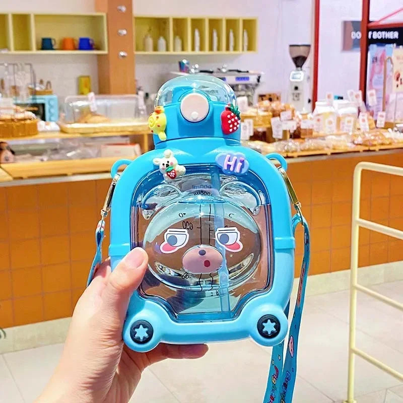Blue cute bear water cup for kids with a transparent front and playful bear face design