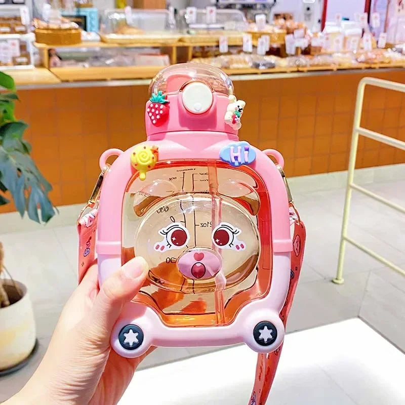 Cute bear water cup for kids in pink with decorative fruit and star accents by Clarify.pk