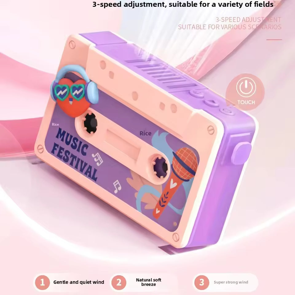 Cute cartoon hanging fan shaped like a colorful music festival cassette player with 3-speed adjustment