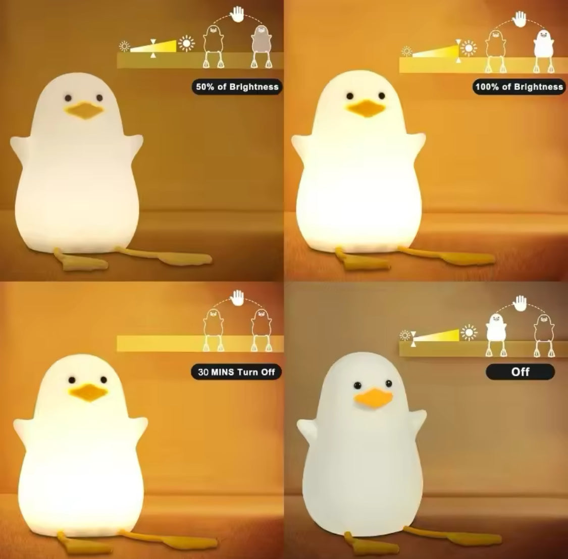 Cute duck night lamp from Clarify.pk showing adjustable brightness and timer settings