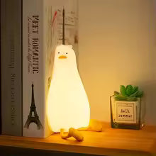 Clarify.pk cute duck night light glowing warmly on a wooden shelf beside books and a small plant