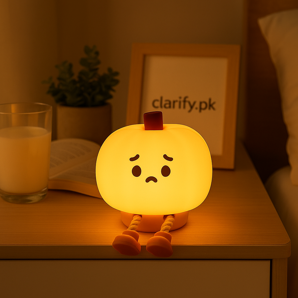 Cute silicone pumpkin night light glowing warmly on a wooden bedside table next to a glass of milk