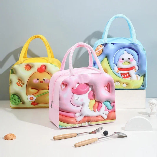 Kids lunch bags featuring cute thermal bag for food designs with unicorn, duck, and chicken prints