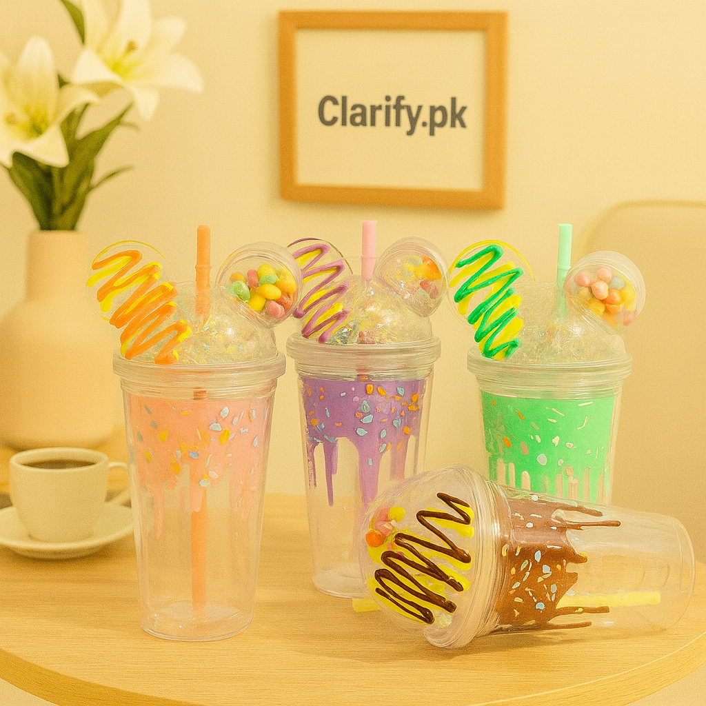 Set of cute water sipper for kids in pink purple green and chocolate designs with colorful candies