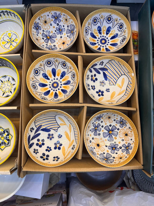 Premium 6 Pcs Ceramic Bowl Set – Blue & Mustard Floral Art