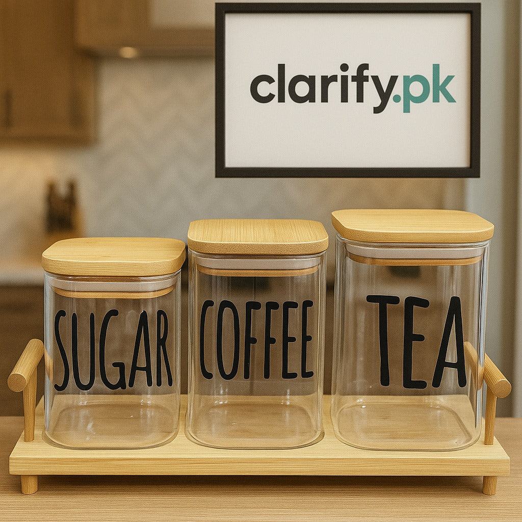 Sugar Coffee Tea Glass Jar Set with Bamboo Tray – 3 Pcs
