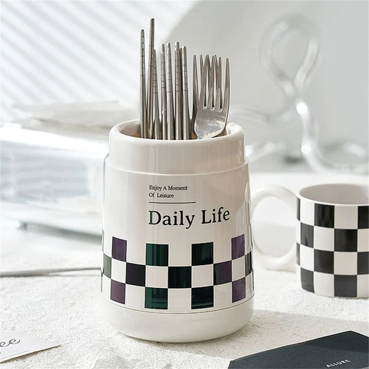 Daily Life ceramic kitchen utensil holder with lid featuring a black and white checkered pattern