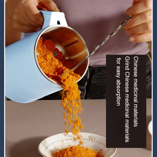 Clarify.pk electric food supplement grinder pouring ground Chinese medicinal materials into a white plate