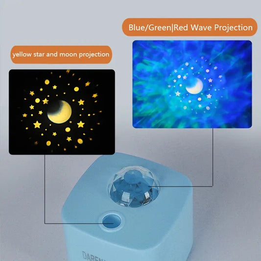 Clarify.pk ocean light projector showing yellow star and moon projection and blue green red wave projection