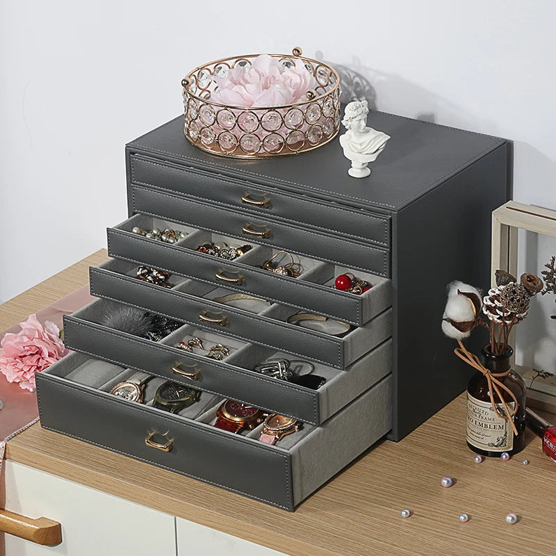Clarify.pk 5 layer fashion jewelry storage box in gray with multiple drawers organizing watches rings and accessories