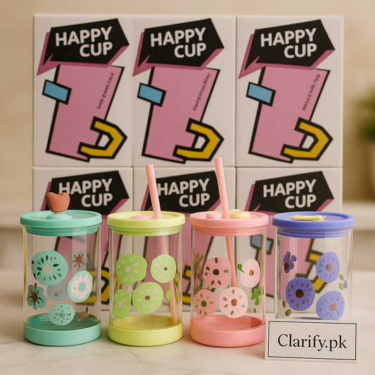 Happy Fruit Glass Cup with Straw & Lid – Cute Transparent Drinking Tumbler
