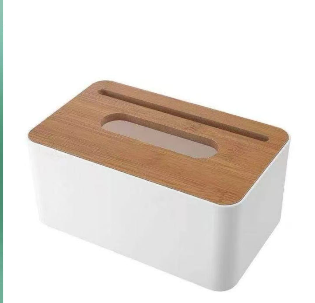 Modern Tissue Box with Bamboo Lid & Phone Holder