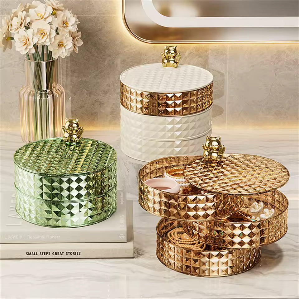 Clarify.pk desktop 4 Layer rotating jewelry organizer in gold with textured layers and small golden bear knob