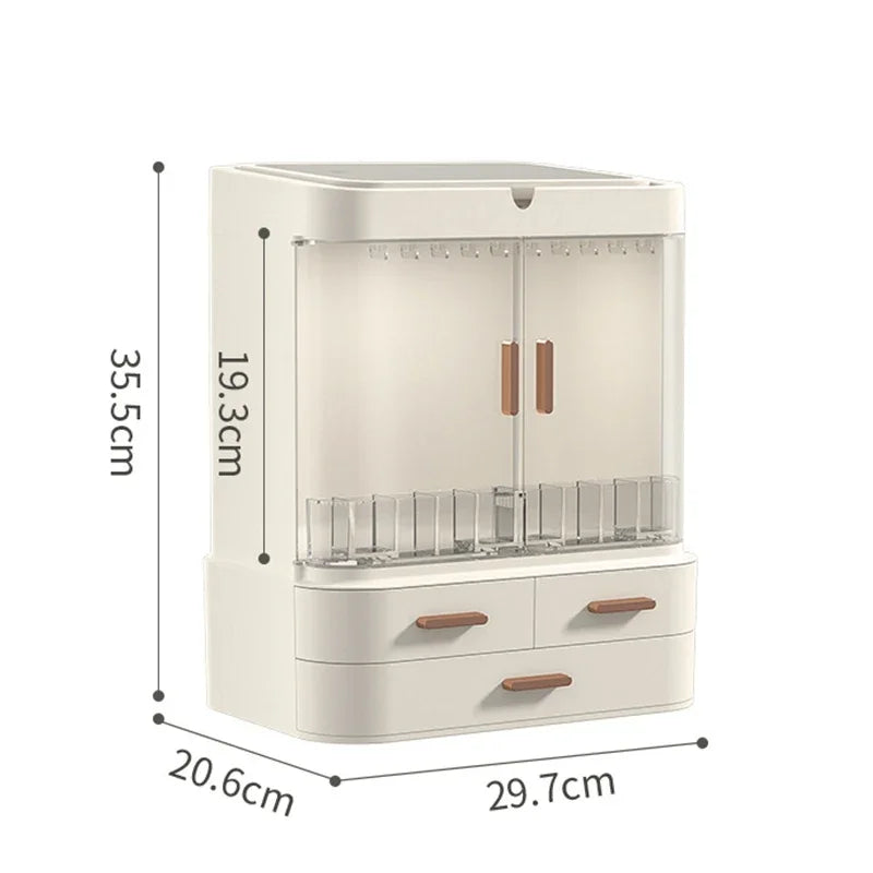 White desktop cosmetic storage box without mirror with transparent doors and three drawers