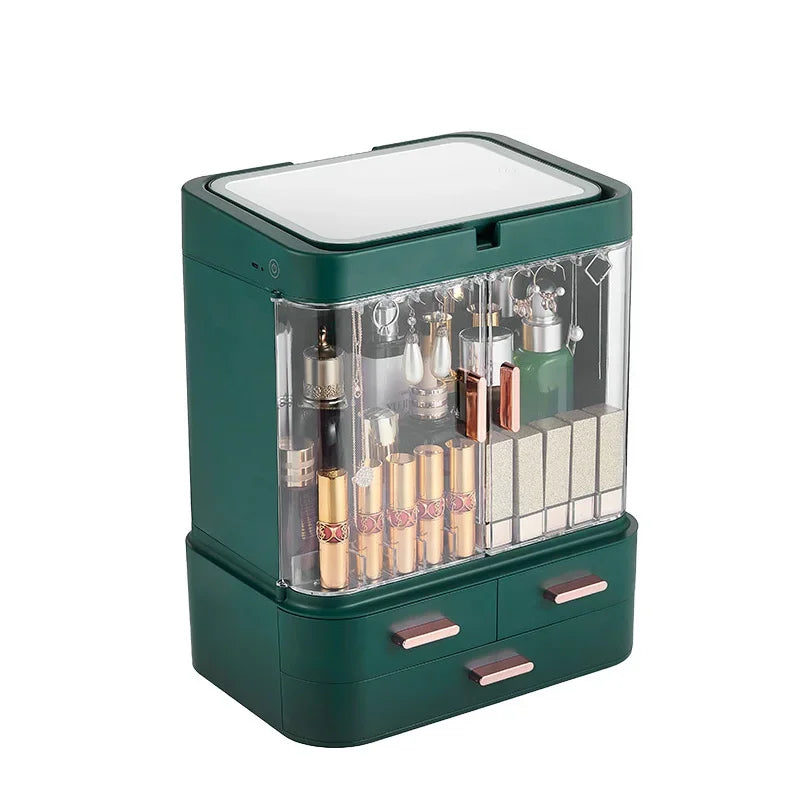 Green desktop cosmetic storage box without mirror with clear front and multiple compartments for makeup organization
