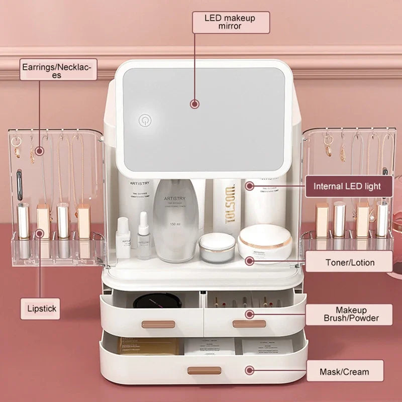 White desktop cosmetic storage box without mirror with LED makeup mirror and multiple compartments for skincare and makeup