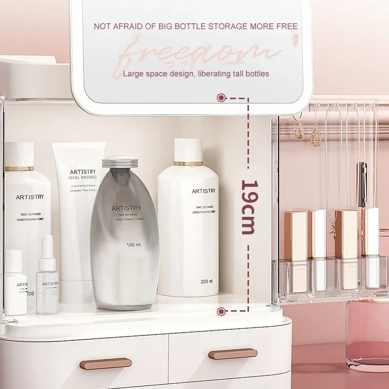 desktop cosmetic storage box without mirror holding tall bottles and lipstick organizers on a vanity