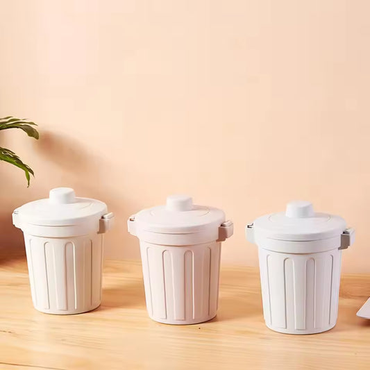 White desktop mini trash can set with lids on wooden surface for office or home use