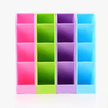Colorful desktop storage case with pink green purple and blue compartments for stationery organization