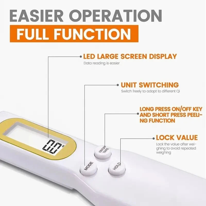 Digital spoon scale with LED large screen display, unit switching, hold and mode buttons for easy weighing