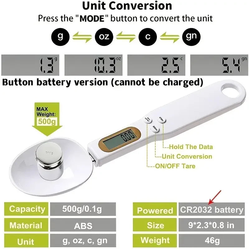 Clarify.pk digital spoon scale with LCD display and unit conversion showing grams ounces carats and grains