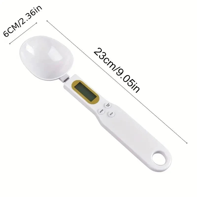 White digital spoon scale with LCD display and buttons for precise measurement