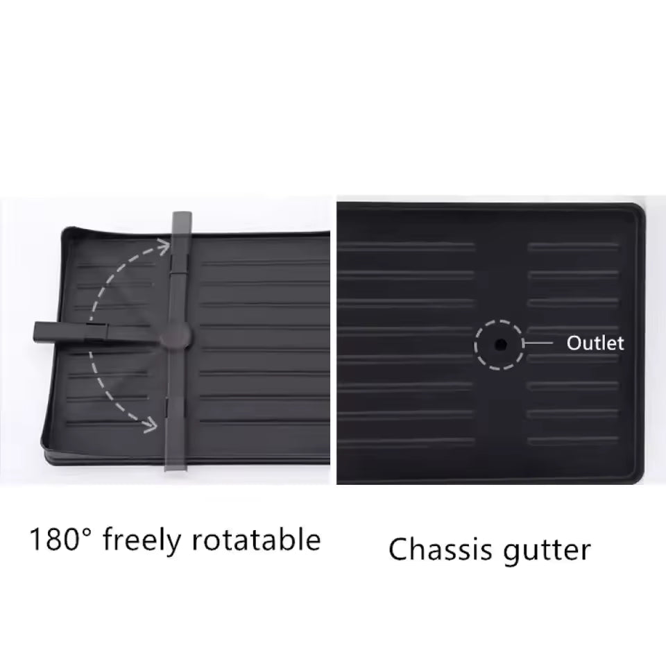 Black dish drying rack with cutlery holder featuring 180 degree rotation and chassis gutter outlet