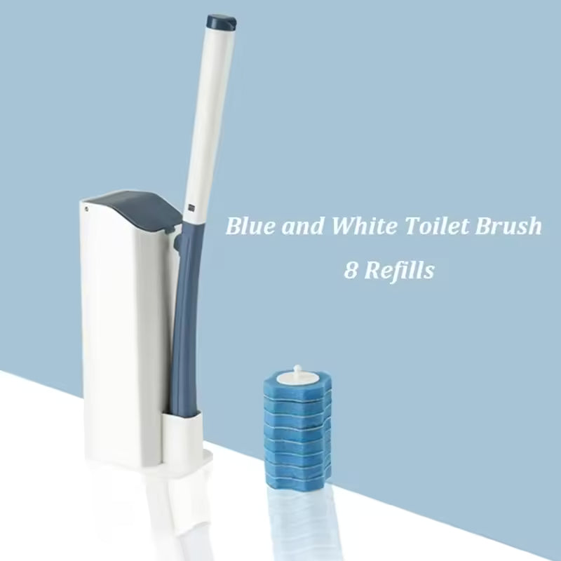 Disposable toilet cleaning brush set with blue and white brush and eight blue refill pads
