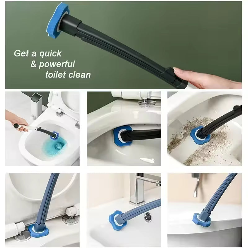 Disposable toilet cleaning brush set with long handle and replaceable blue scrubber for effective toilet cleaning