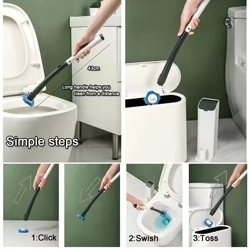 Disposable toilet cleaning brush set with long handle for easy cleaning and disposal steps shown in bathroom