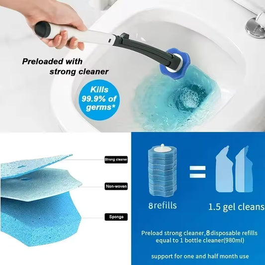Disposable toilet cleaning brush set with preloaded strong cleaner and 8 disposable refills for effective germ removal