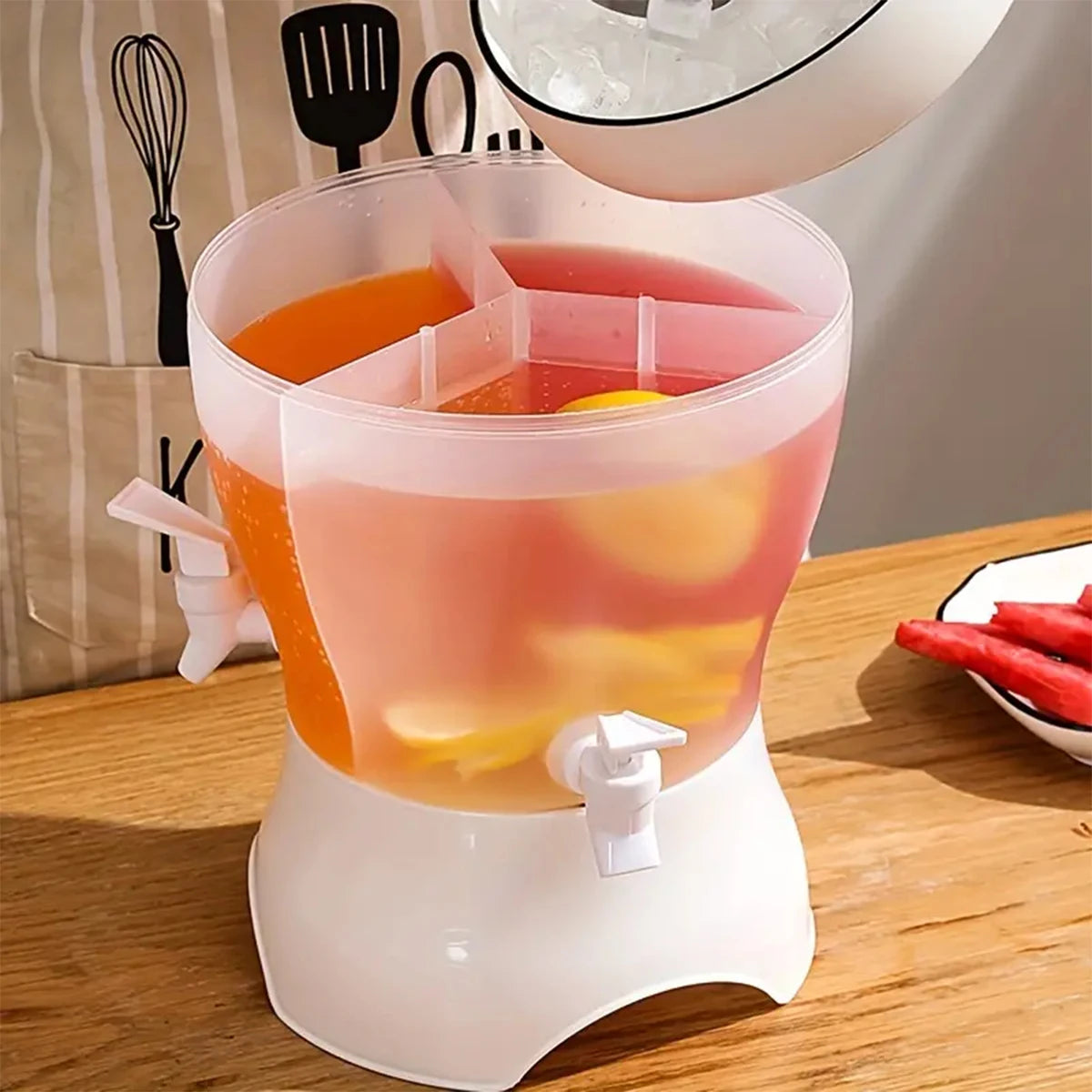Clarify.pk beverage dispenser with divider design beverage container holding three different juices