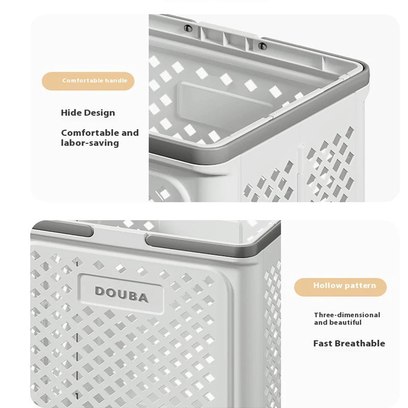 Gray folding clothes storage basket with comfortable hidden handle and breathable hollow pattern design