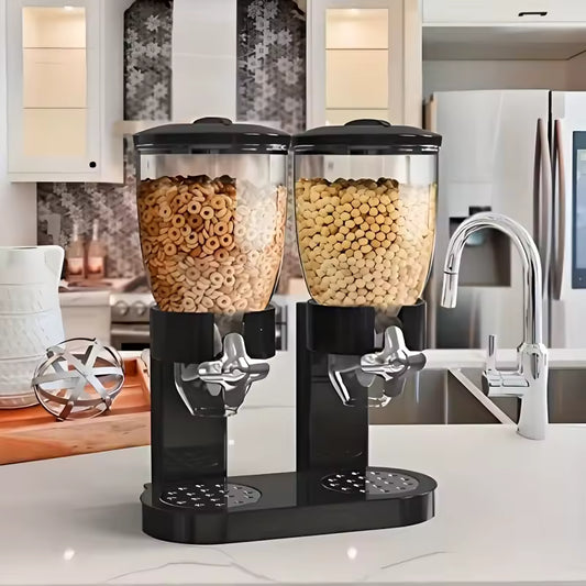 Double container cereal dispenser for kitchen with black base and clear storage jars filled with cereal