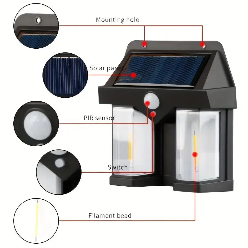 Clarify.pk double head solar wall lamp with solar panel PIR sensor and filament bead lighting