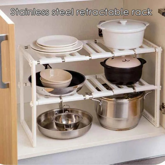 Double layer dish holder for kitchen organization with stainless steel retractable design for pots and plates
