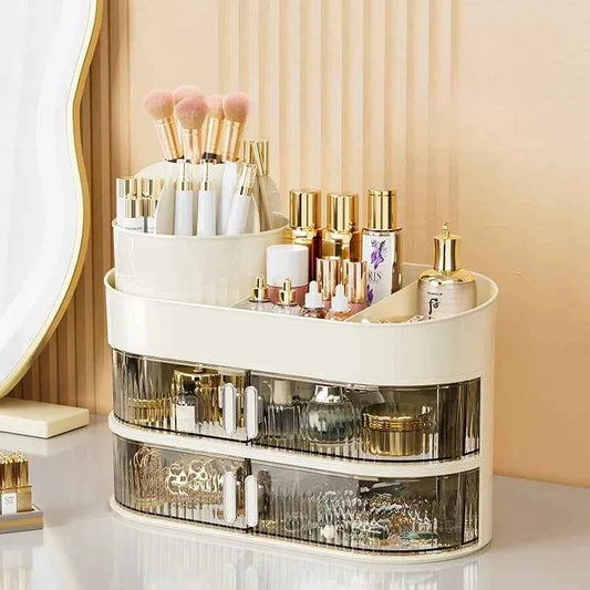 Double layer makeup container with organized sections for cosmetics and beauty tools