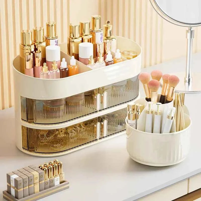Double layer makeup container with organized storage for beauty products and brushes
