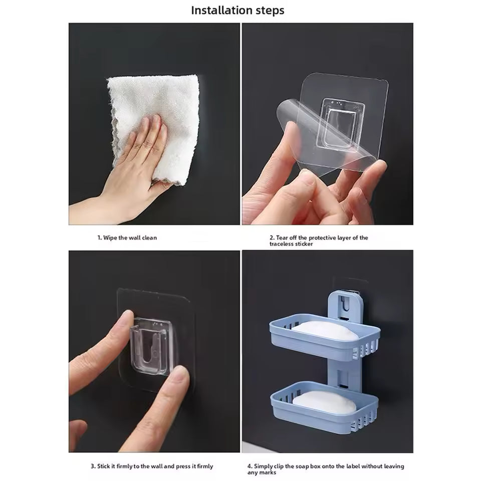 Step-by-step installation of double layer soap dish holder showing wall cleaning, sticker application, and mounting soap holder
