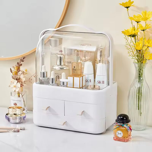 Clear white double sided cosmetic storage box with drawers holding skincare and makeup bottles