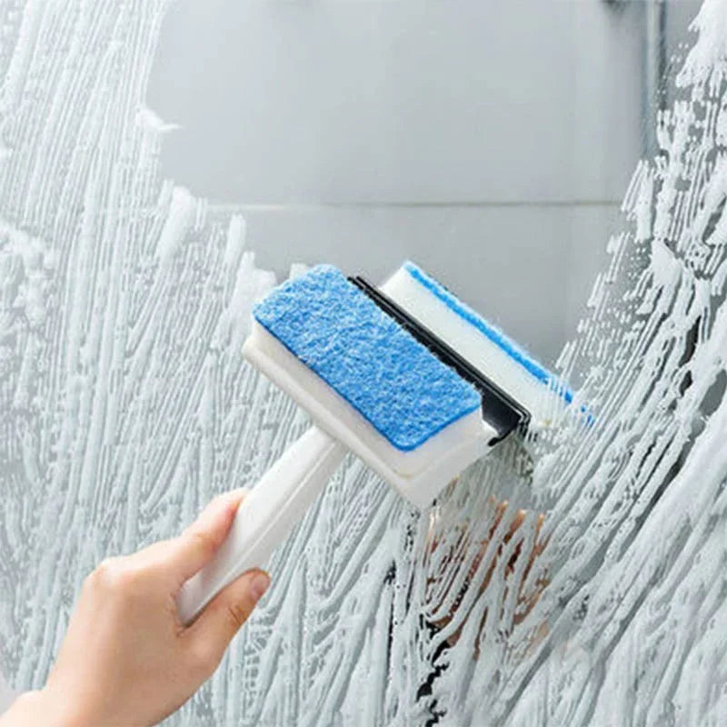 Clarify.pk double sided glass cleaning brush used for cleaning windows with blue scrubber and white handle