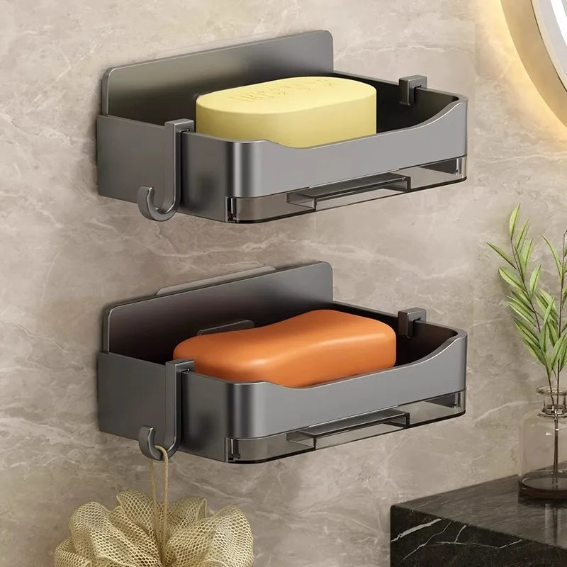 Clarify.pk wall mounted soap holder in black metal with dual shelves holding soap bars on bathroom wall