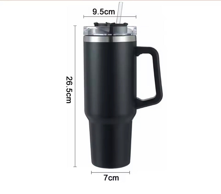 Black double wall vacuum tumbler with handle and straw measuring 26.5 cm by 9.5 cm by 7 cm